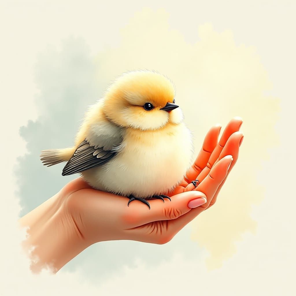 Fluffy Bird in Hand: Whimsical Watercolor Art