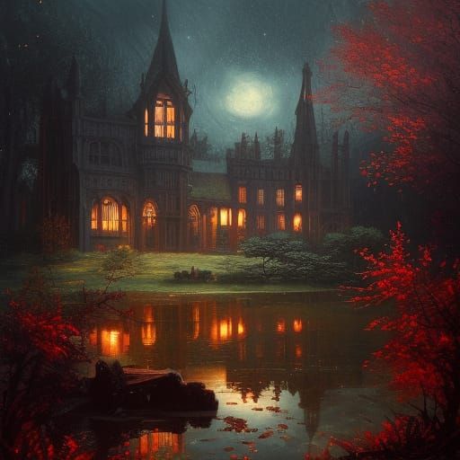 Victorian Garden Under Starry Night: Dark Fantasy Art