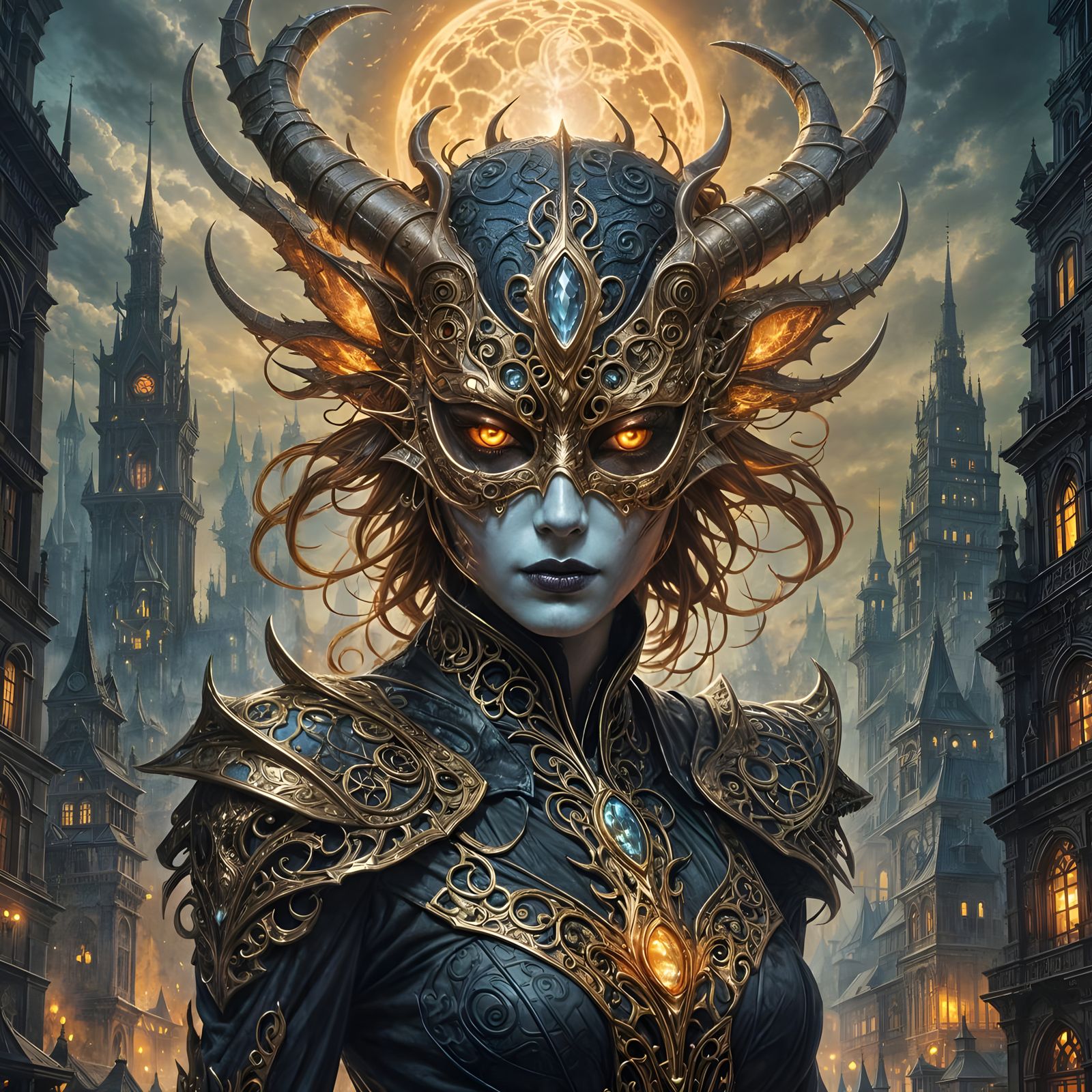Steampunk Horned Creature in Fiery Cityscape