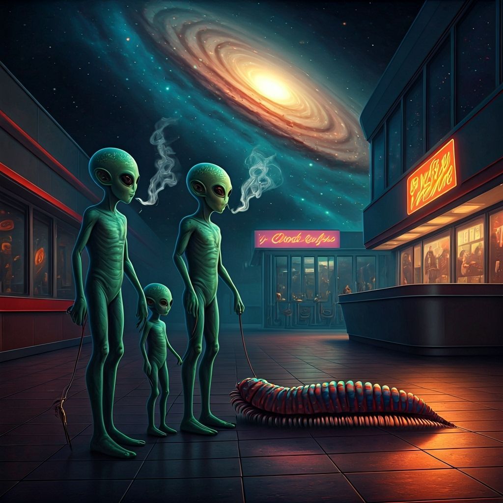 Alien Families Meet at Fast Food Restaurant in Futuristic St...