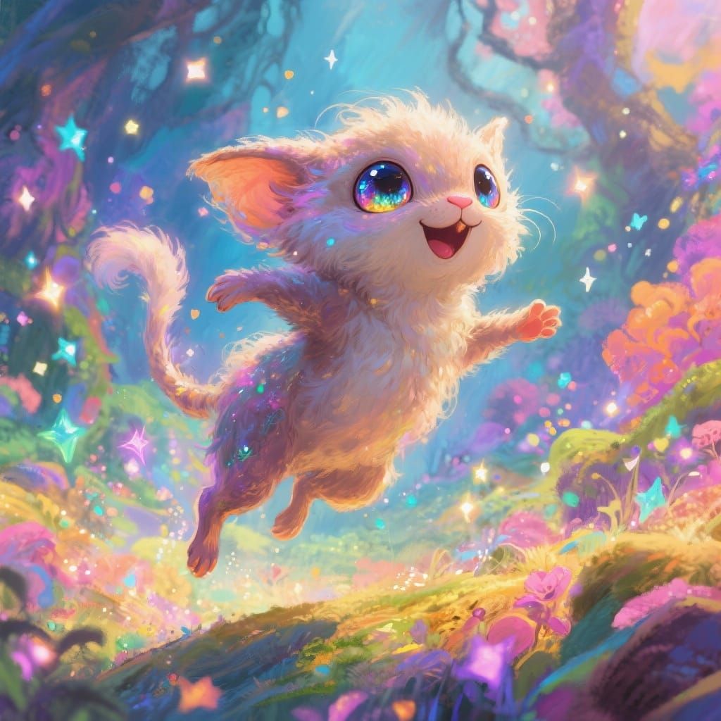 Magical Fluffy Creature Leaping in Fantasy Landscape