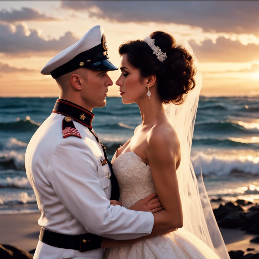 Bride and Marine Kiss in Retro Cinematic Oil Painting