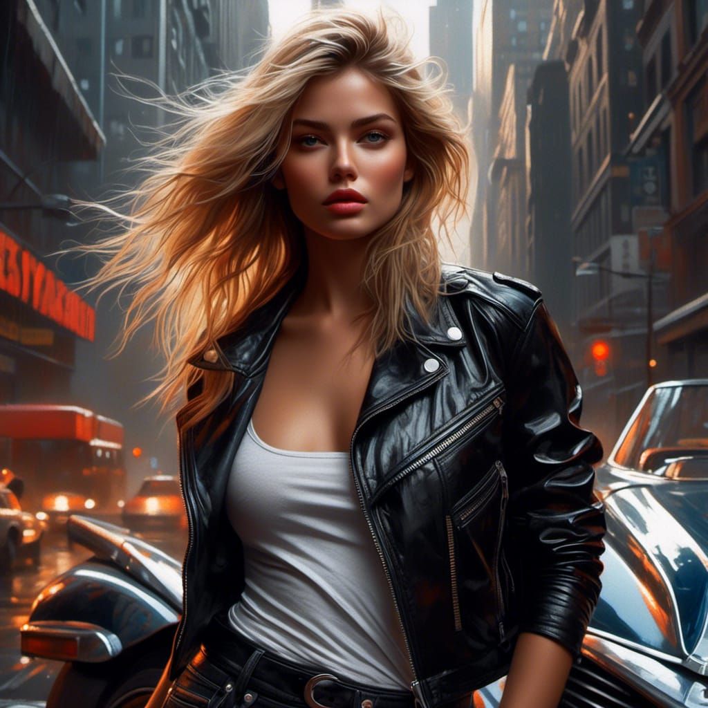 Hyperrealistic Woman in Leather, Noir Gothic Style