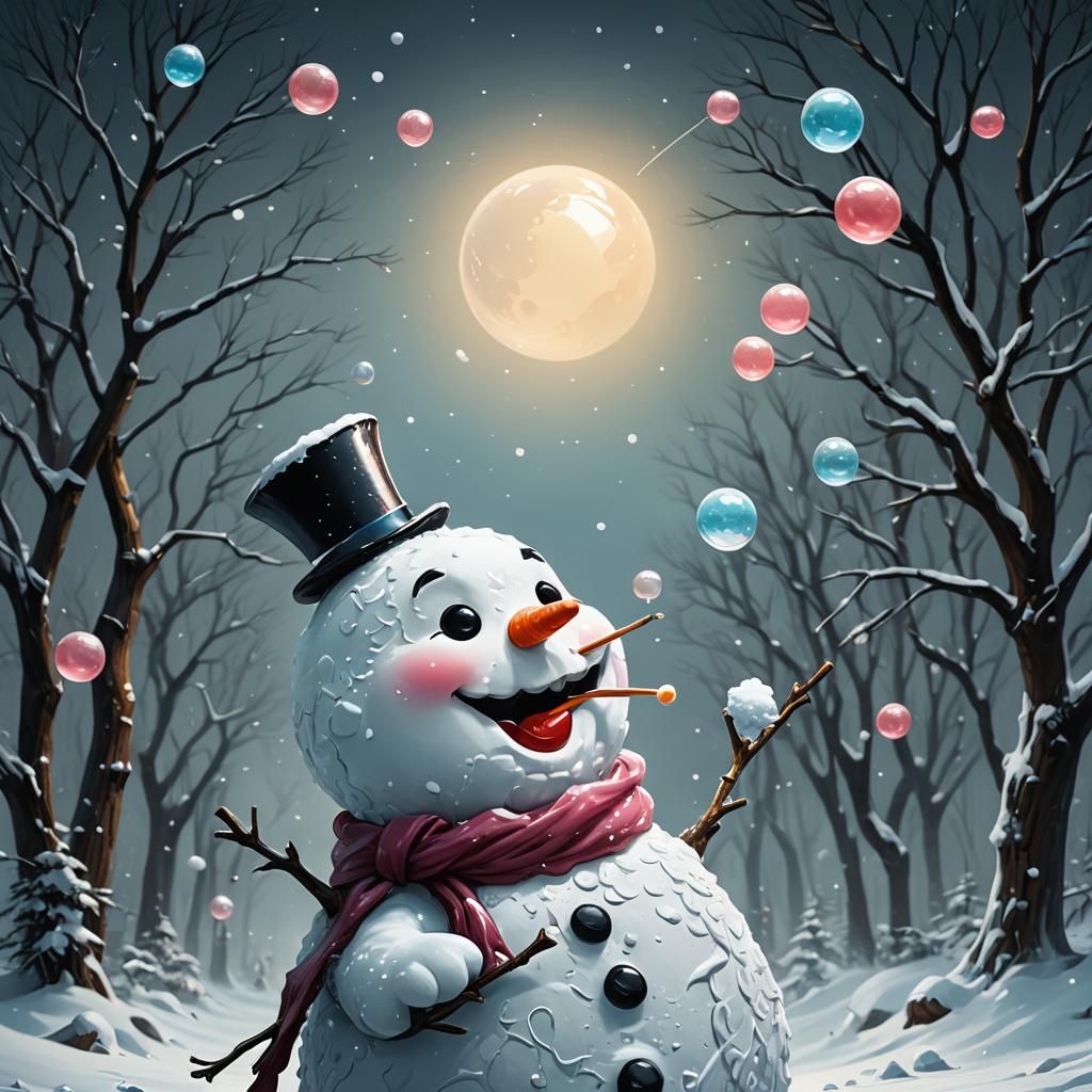 Impasto painting of a cute adorable snowman blowing a chewin...