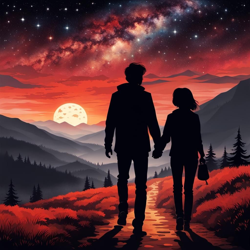 Silhouetted Couple Walking Under Starry Crimson Sky