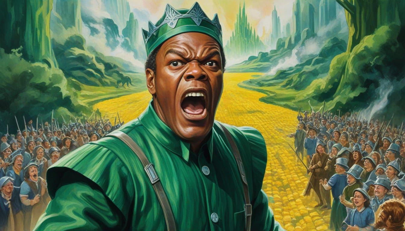 Giant Samuel L. Jackson Head in Oz, Gouache Style