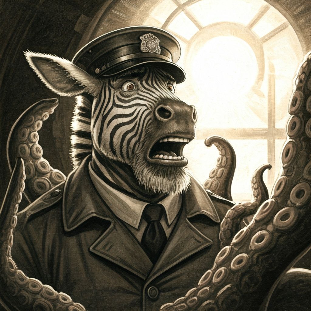 Terrified Zebra Lighthouse Keeper in Charcoal Sketch