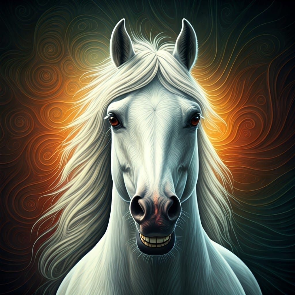 Majestic White Horse with Whimsical Smile in 3D Fractal Land...