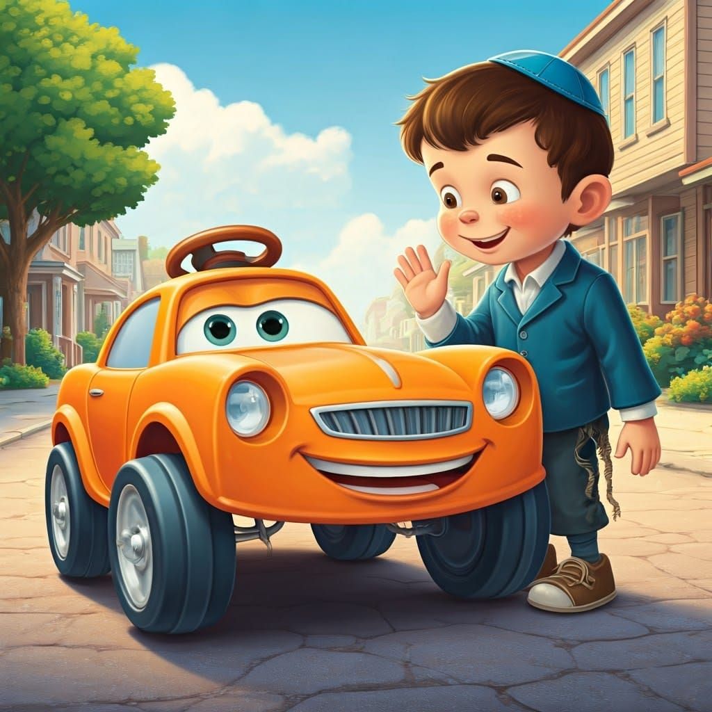 Vibrant Orange Car Greets a Young Jewish Boy