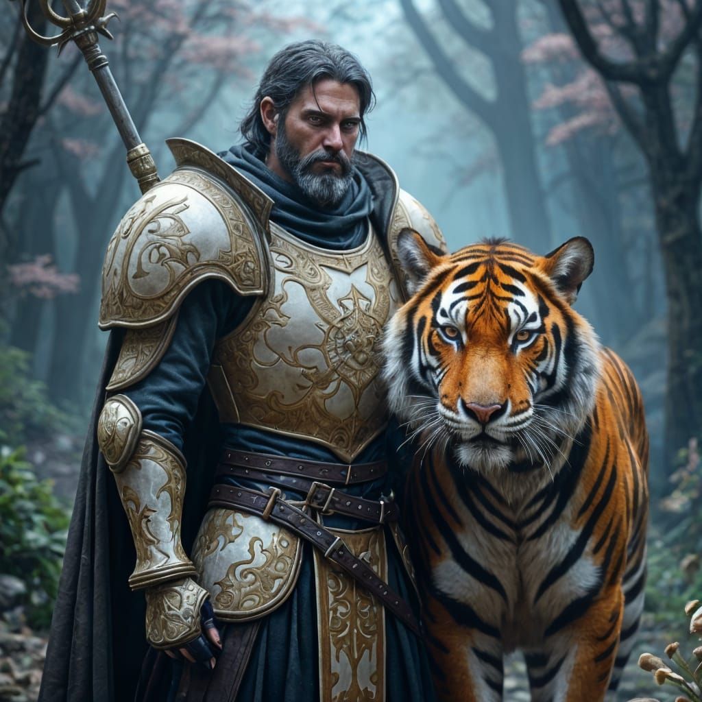 Regal Knight and Tiger in Ancient Bone Armor Amidst a Mystic...