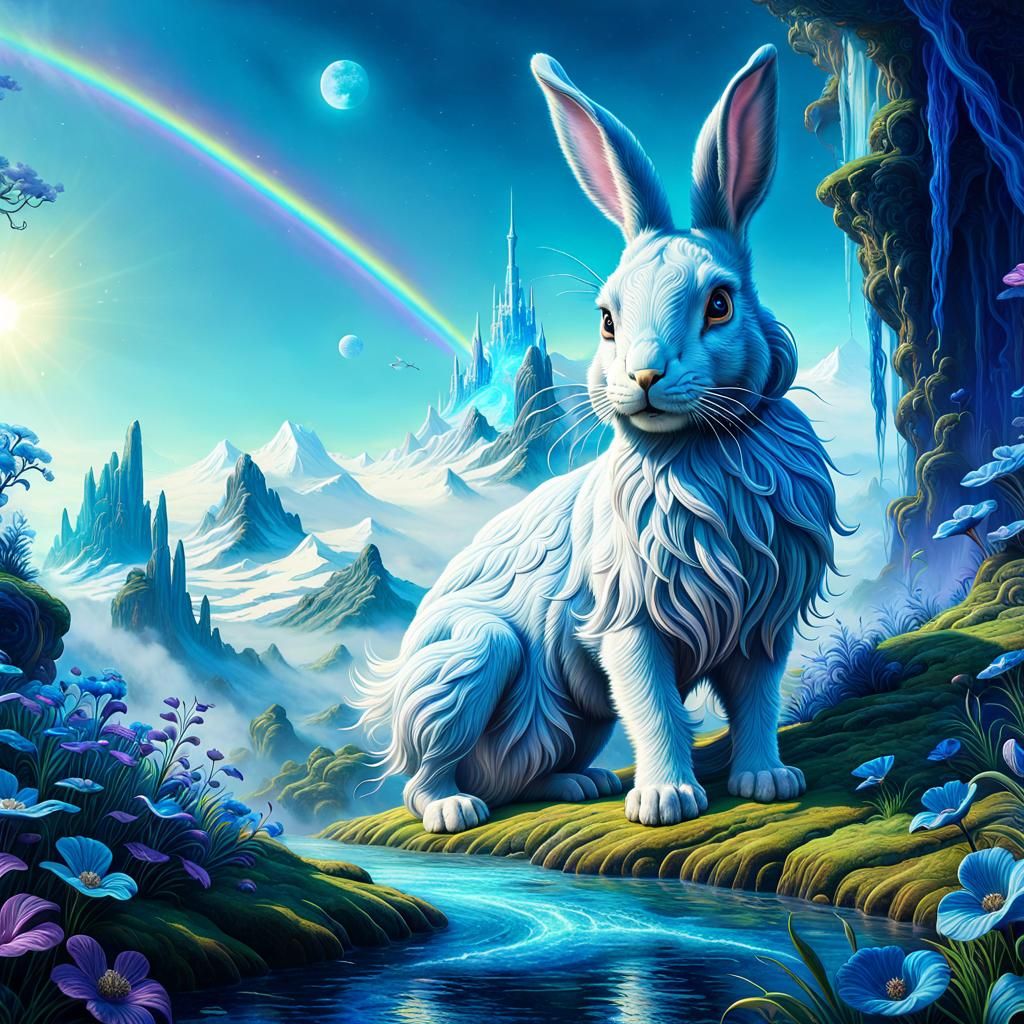 Majestic Whispers: A Stunning Encounter with the Enchanting Ethereal Bunny in Blue