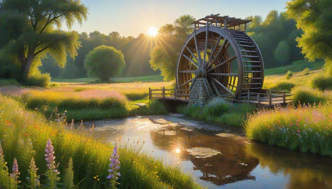 A Waterwheel in a Vibrant Sun-Kissed Meadow