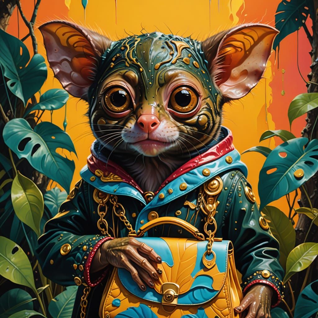 Surreal Tarsier Holding a Handbag in Vibrant Polychromatic P...