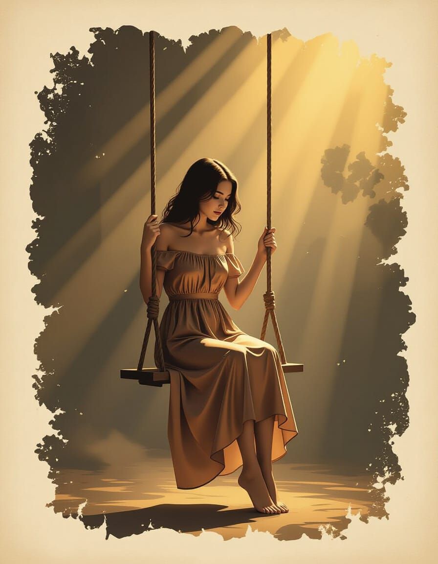 Surreal Woman on Rope Swing in Golden Light