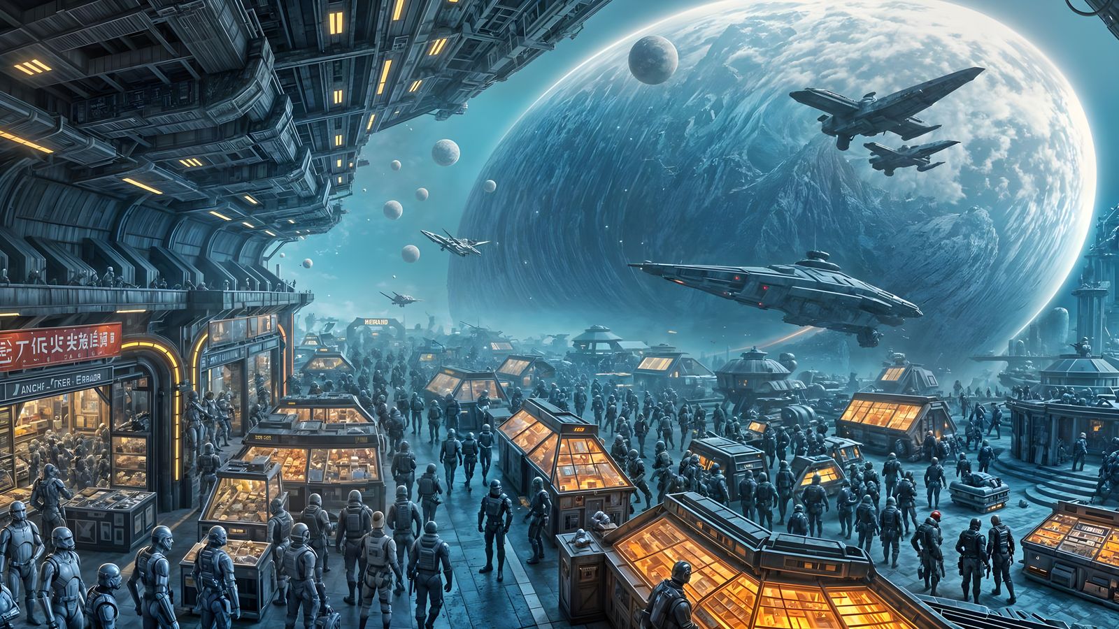 Crowded Orbital Station Market Hall in Ultra-Wide Angle