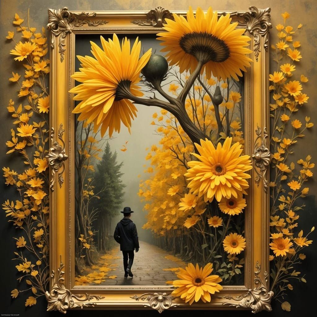 Golden Dadaist Dreamscape in a Framed Artwork