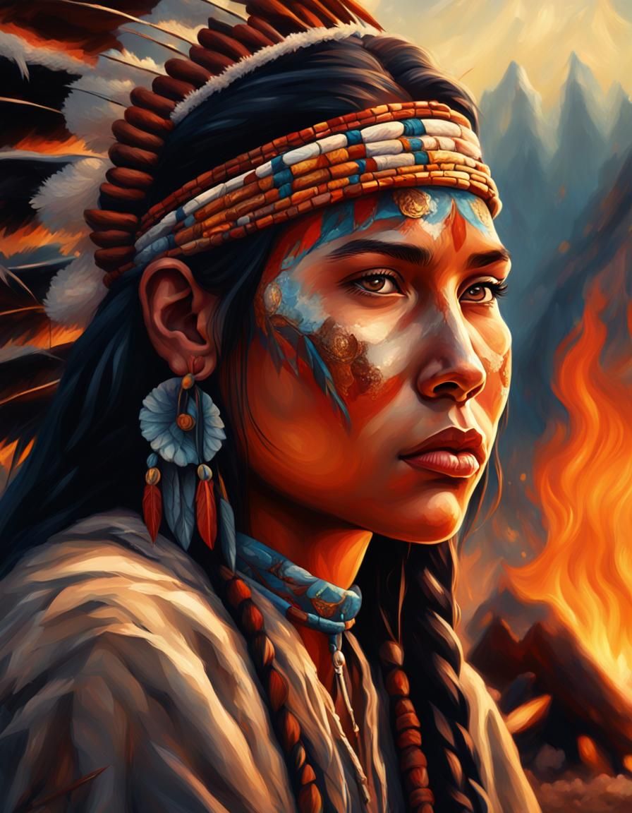 Indigenous Woman by Campfire: Oil Painting Style