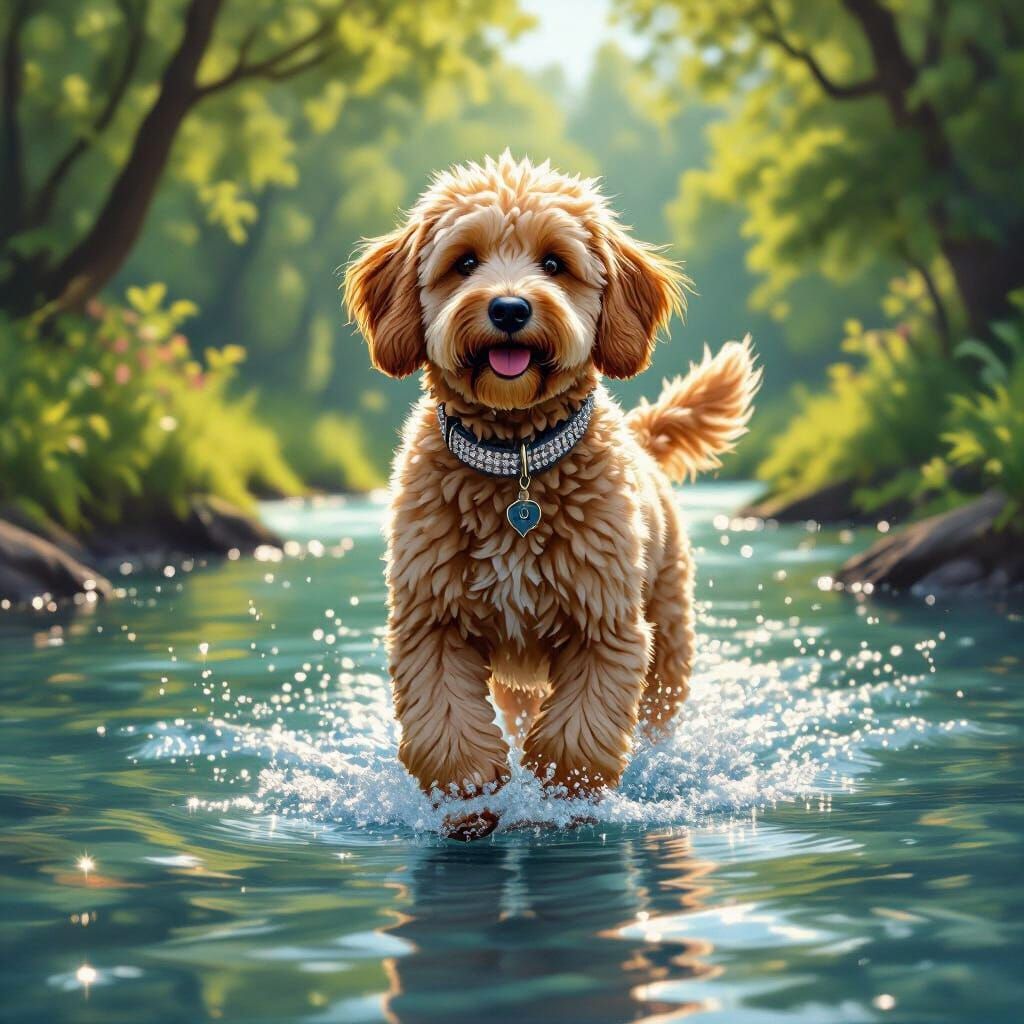 Golden Doodle Walks River in Hyperrealistic Style
