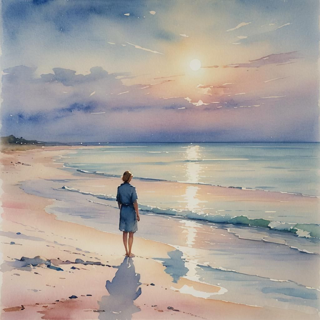 Impressionist Watercolor: Lone Figure on Serene Beach