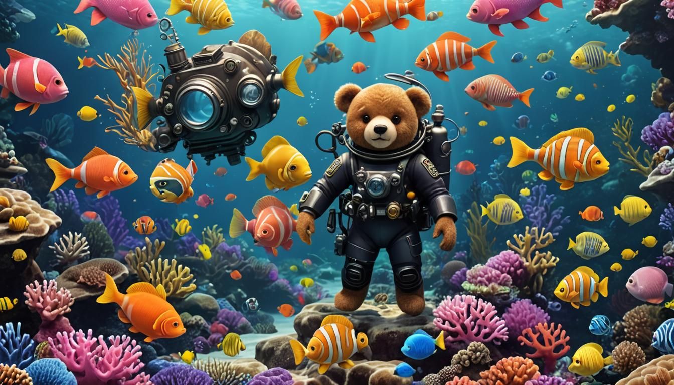 Teddy Bear's Underwater Adventure in Diving Suit