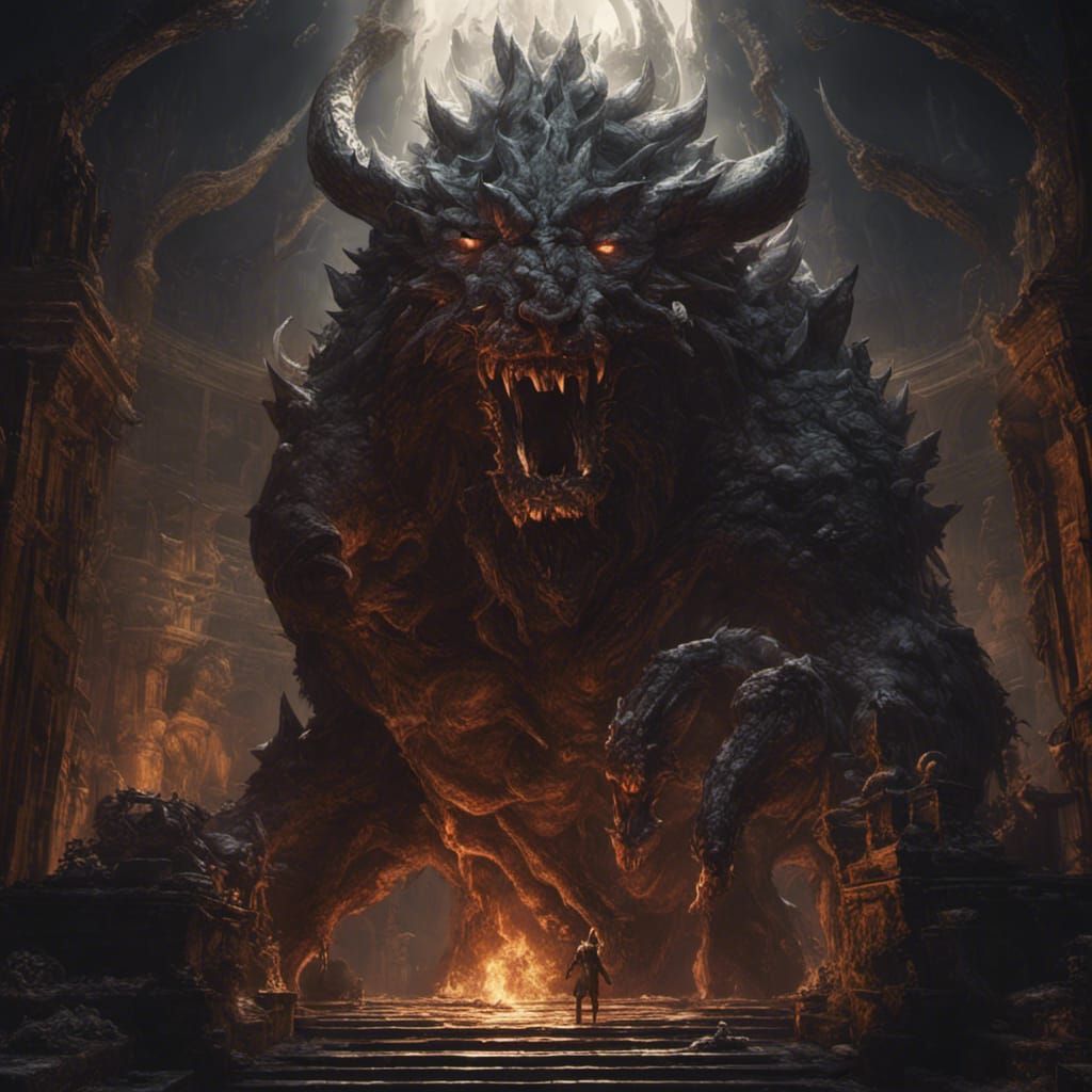 Dark Fantasy Beast Confrontation in Art Nouveau Style