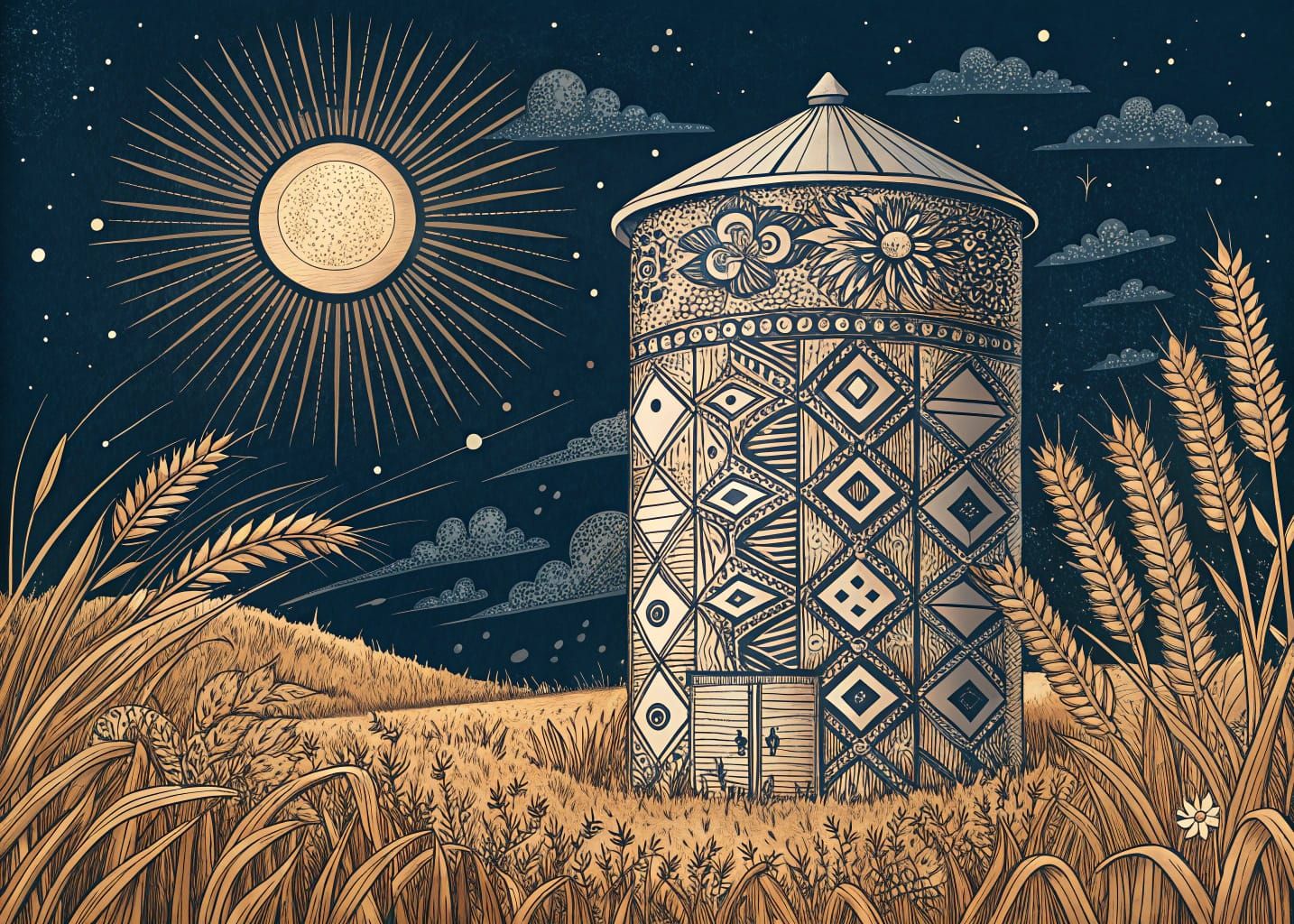 Surreal Grain Silo Scene with Zentangle Sun and Folk Art Ele...