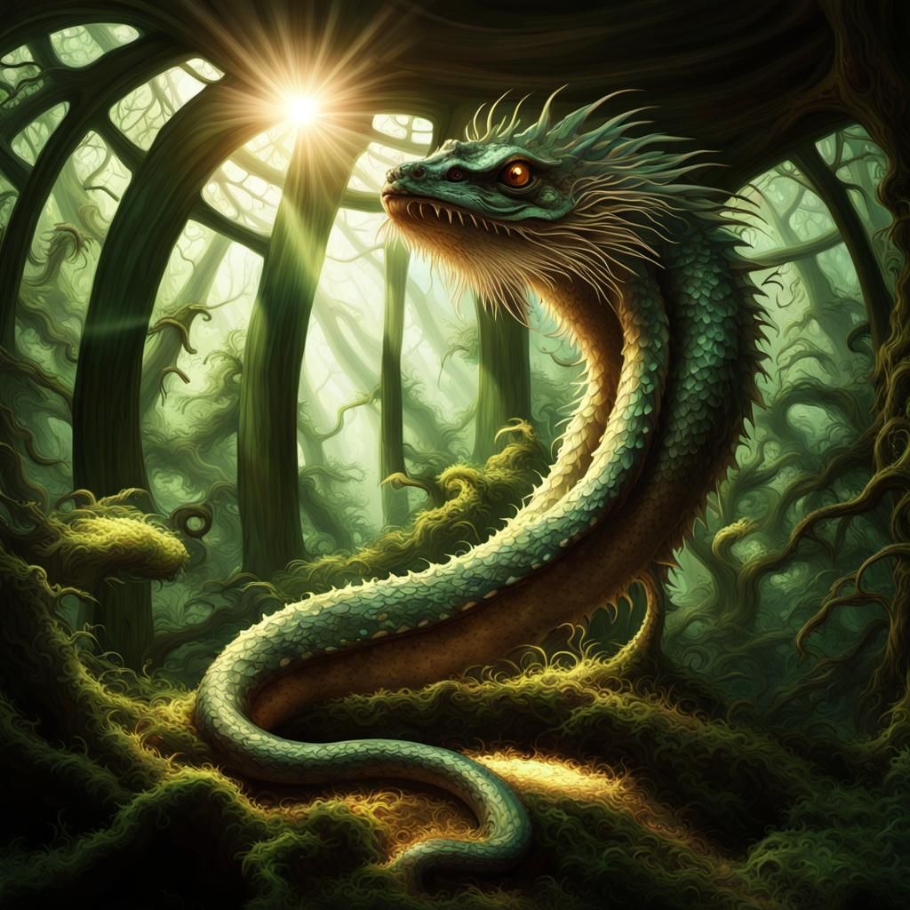 Mythical Dragon-Snake Hybrid in Ethereal Jungle