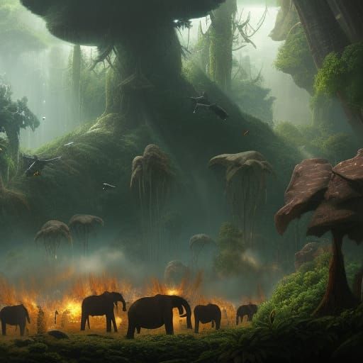 Knights Versus Elephant Under Burning Spaceship: Fantasy Art