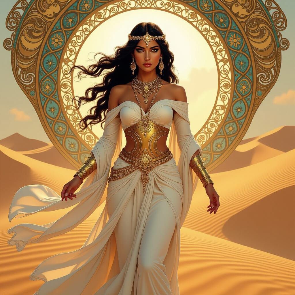 Desert Goddess Emerging from Sandstorm, Art Deco Style