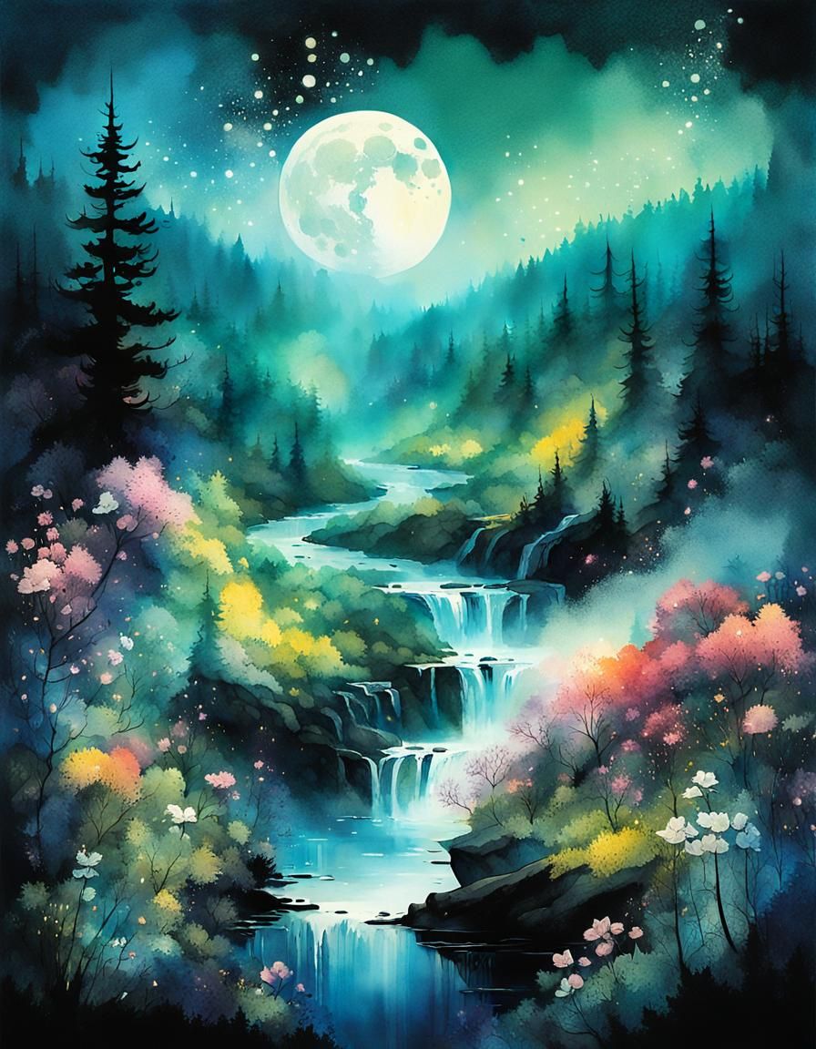 Moonlit Forest Landscape in Ink Splatter Art