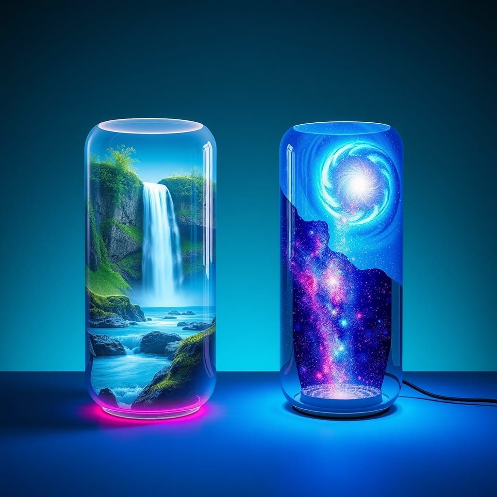 Ethereal Lamps: Waterfall Meets Galactic Landscape