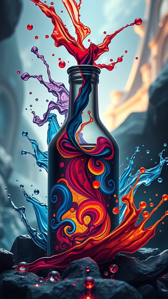 Fantastical Ink Bottle with Swirling Colors, Digital Art