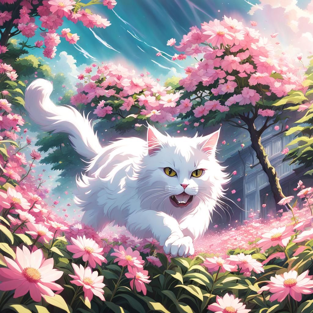 White Cat Attacks Pink Flower in Anime Style