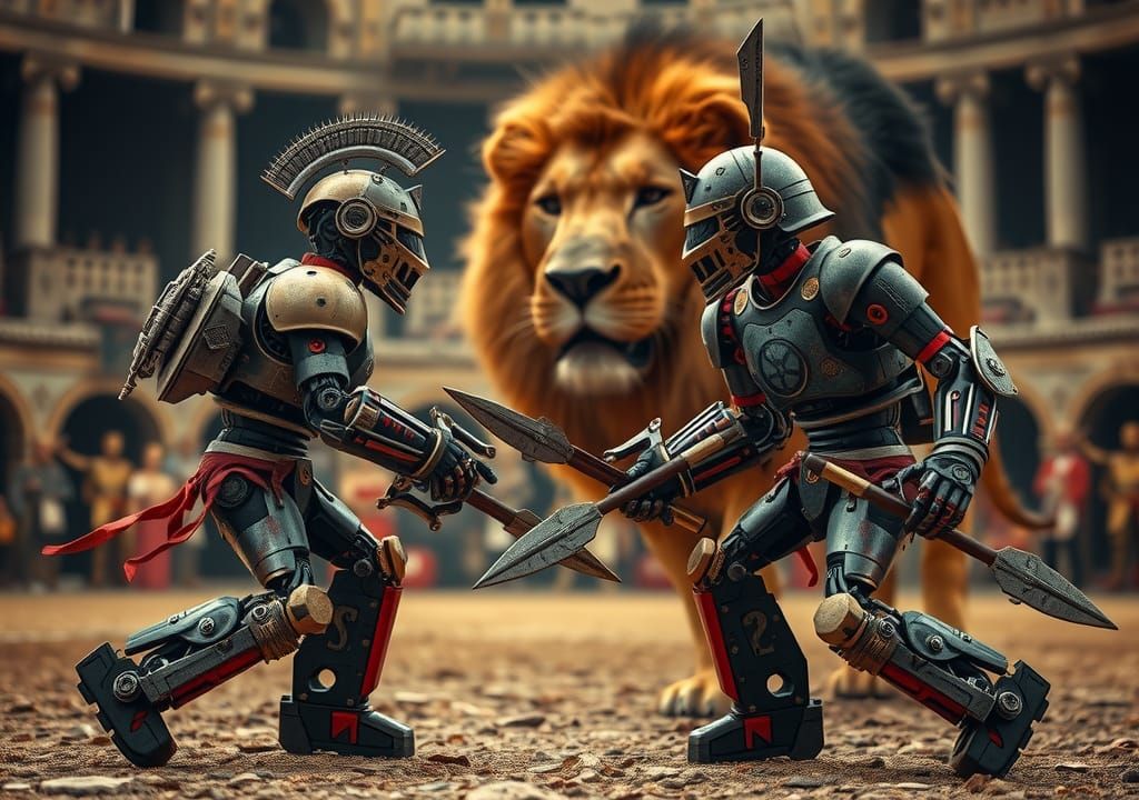 Mech Robot Gladiators Duel in Colosseum