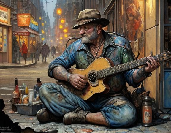 Homeless Flute Player in Biopunk Dreamscape