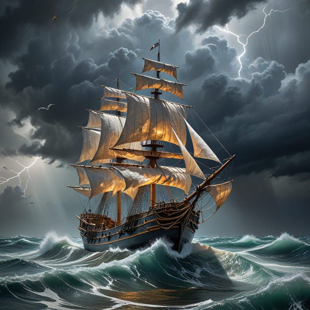 Pirate Galleon Battles Stormy Seas in Watercolour