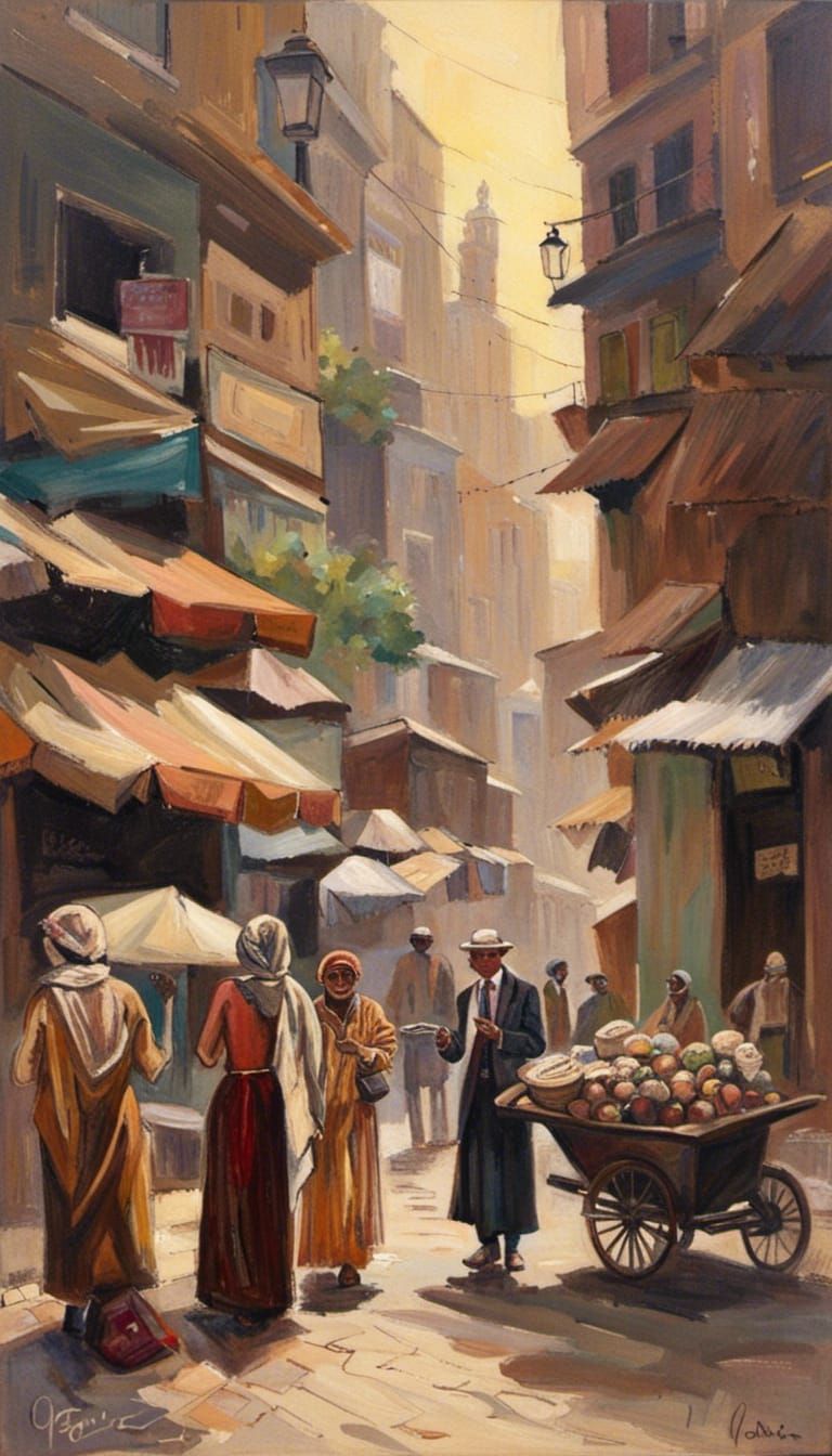Cairo Street Scene: 1920s Romantic Acrylic Art