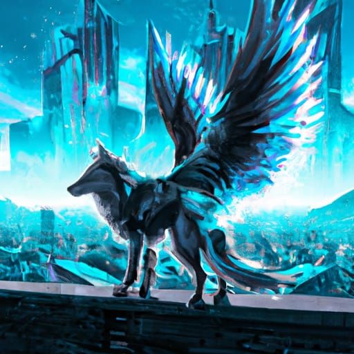 Cyberpunk Winged Blue Wolf in Neon Landscape