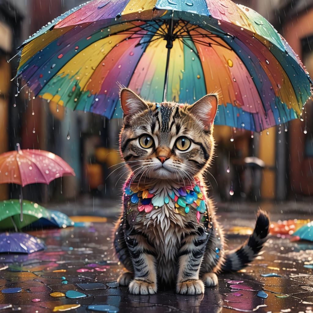 Sad Cat Under Umbrella: Pixar-Style 3D Digital Art