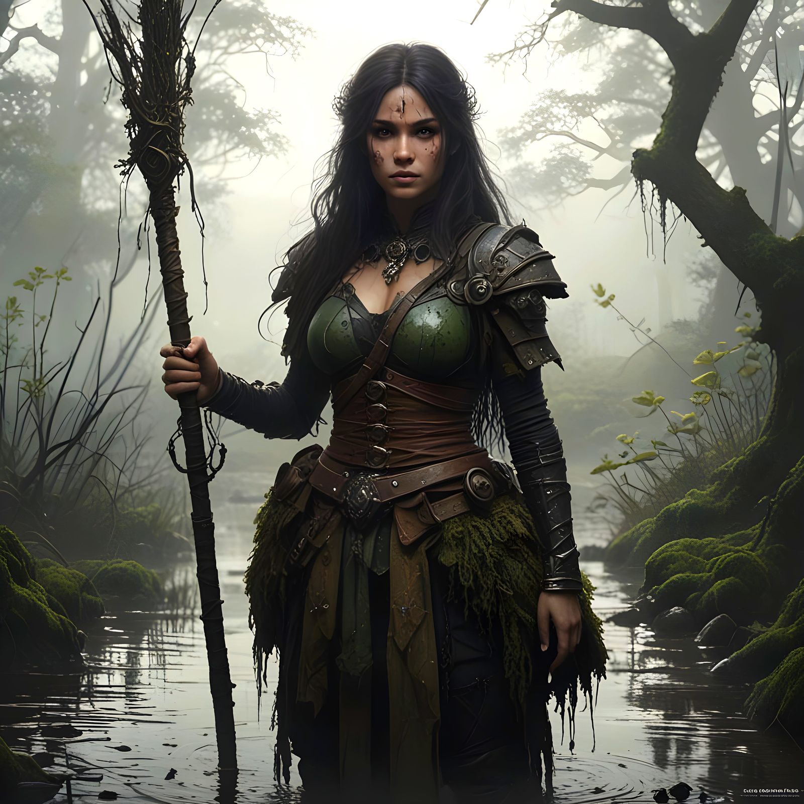 Swamp Healer in Detailed Black and White Art