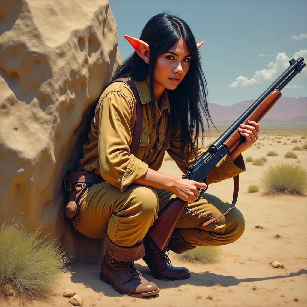 Beautiful Elf Concealed in Desert, Impressionistic Oil Paint...