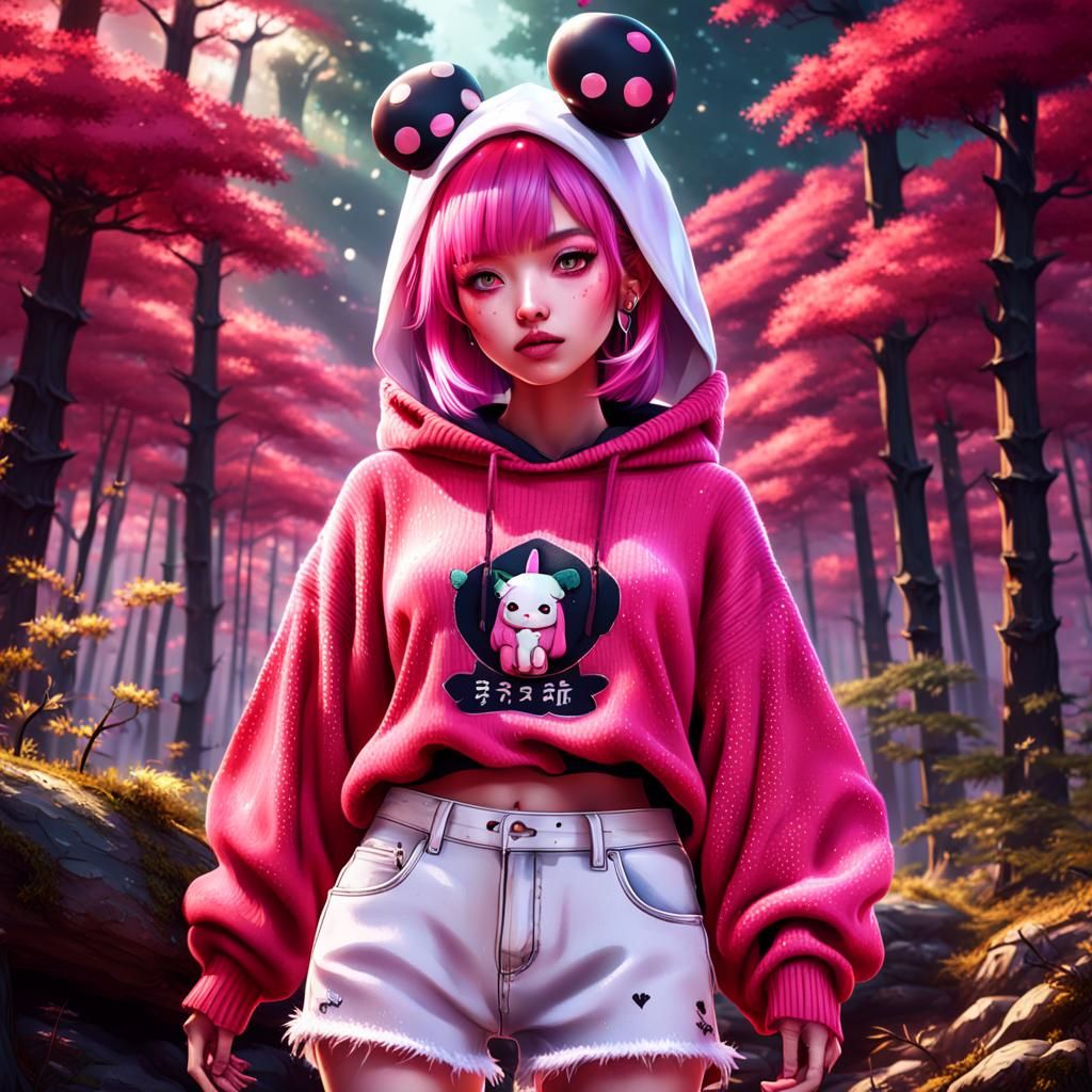 Pink-Haired Girl in Forest, Kawaii-Style Digital Art