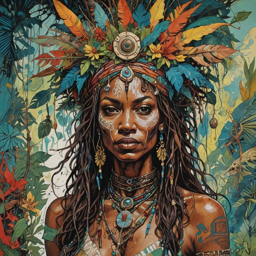 Caribbean Voodoo Priestess in a Naive Art Style