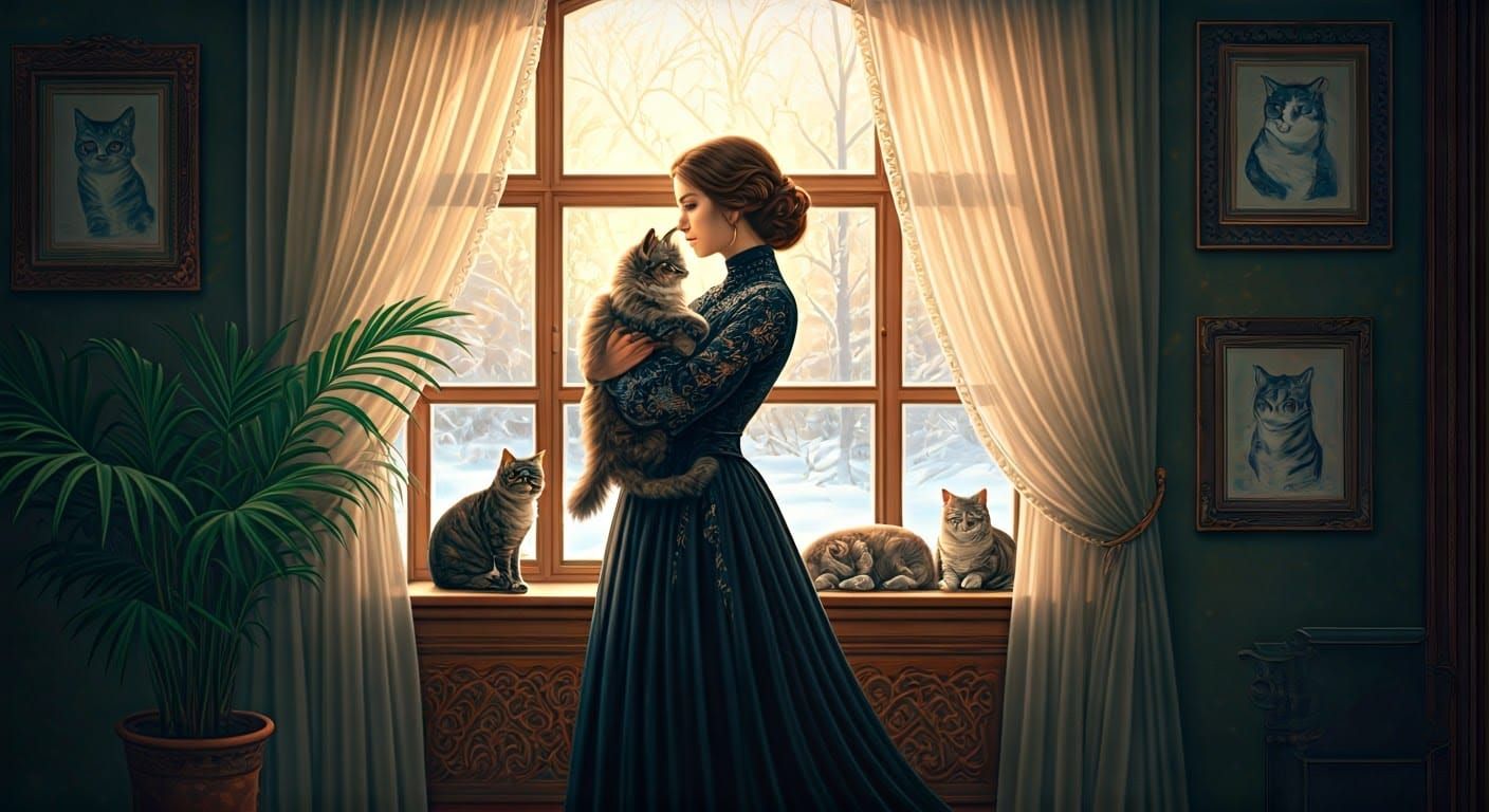Elegant Woman Surrounded by Cats in a Serene, Snow-Covered L...