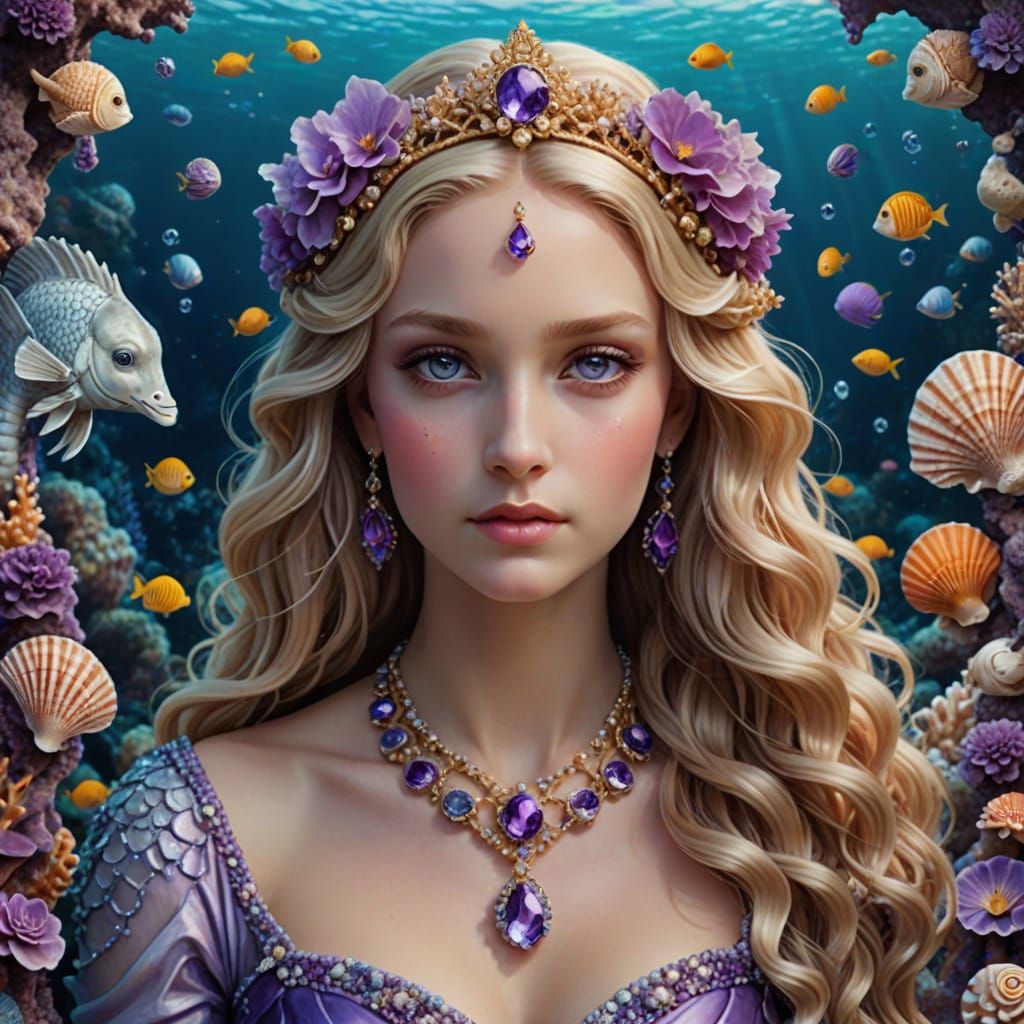 Nereid Goddess Eunice Portrait with Seashells and Sea Life