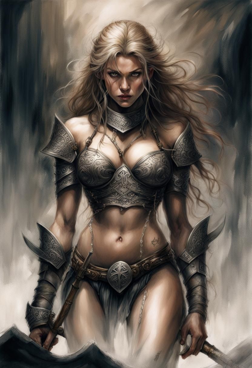 a drawing of a woman with a sword, a pencil sketch, inspired by Luis Royo, sylvanas windrunner, ornate bikini armor, tee...