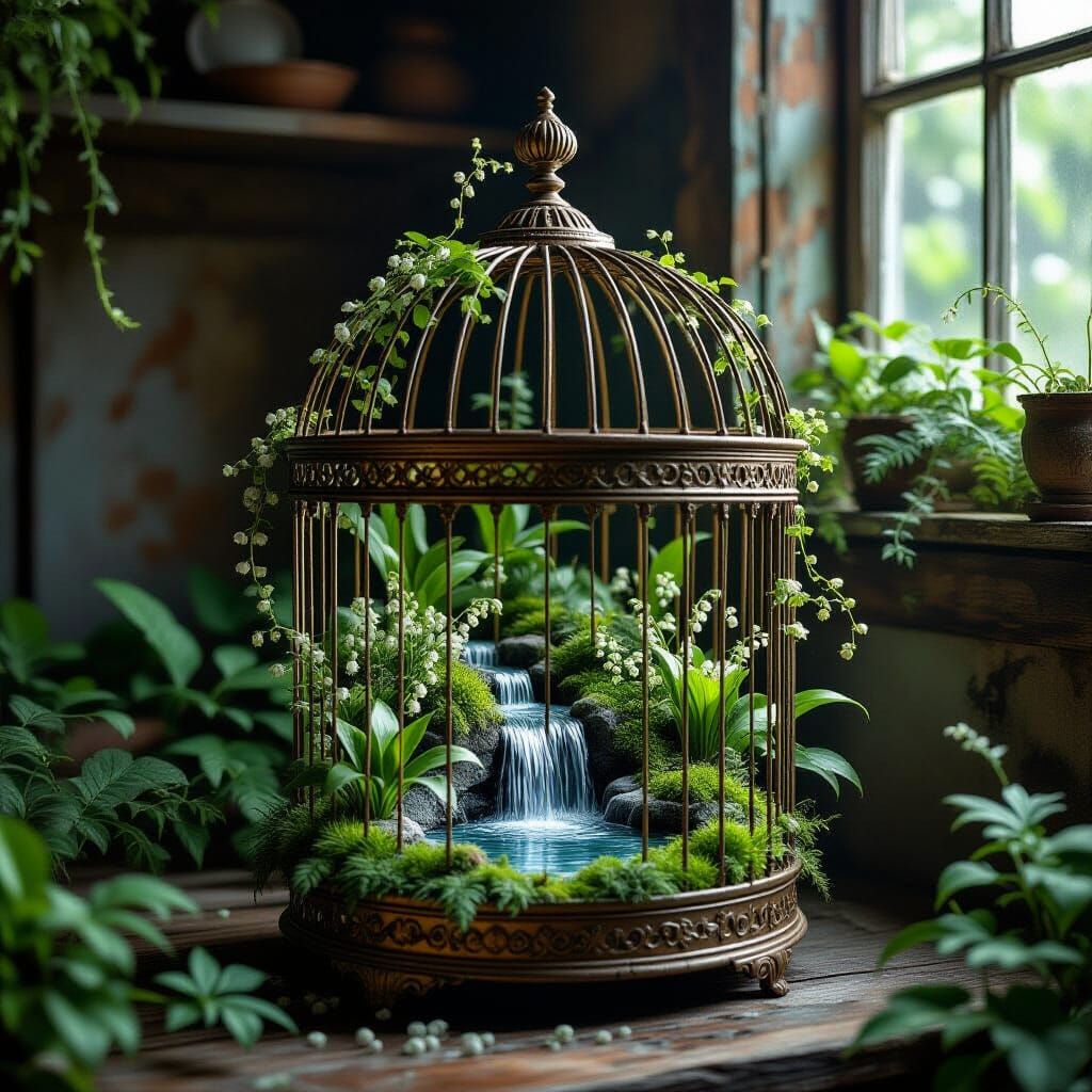 Lush Miniature Garden Thriving Inside Vintage Birdcage