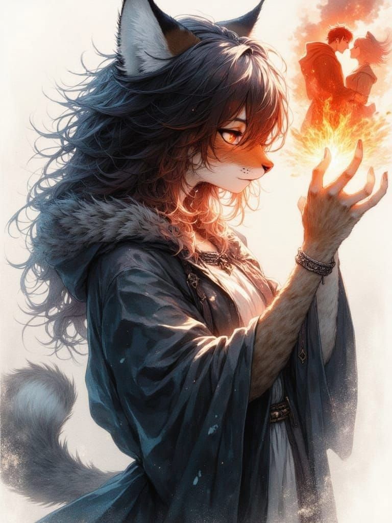 Anime Lynx Conjuring Lovers' Flames in Abstract Expressionis...