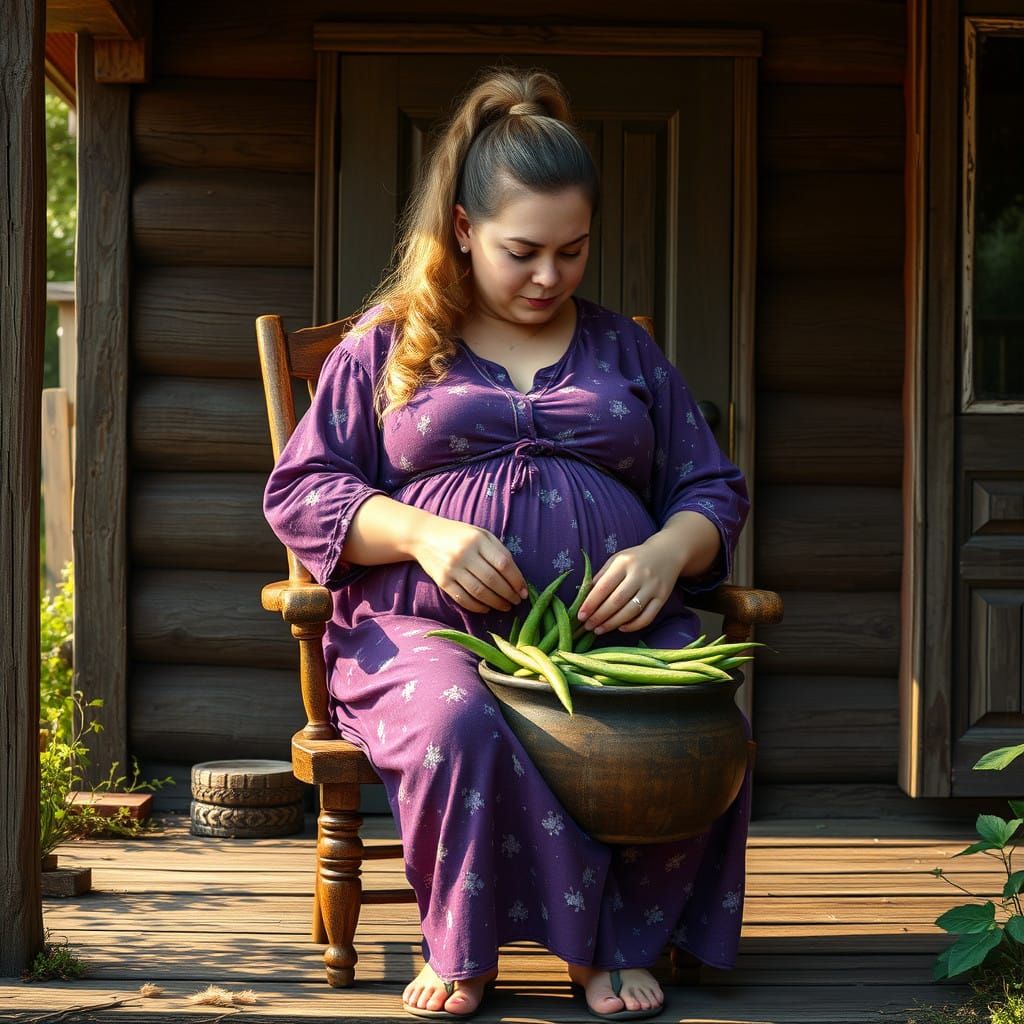 Whimsical Pregnant Woman in Purple Dress on Weathered Porch