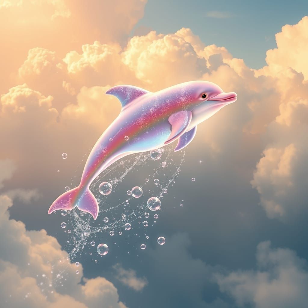 Luminous Dolphin Swimming Through Rainbow Clouds